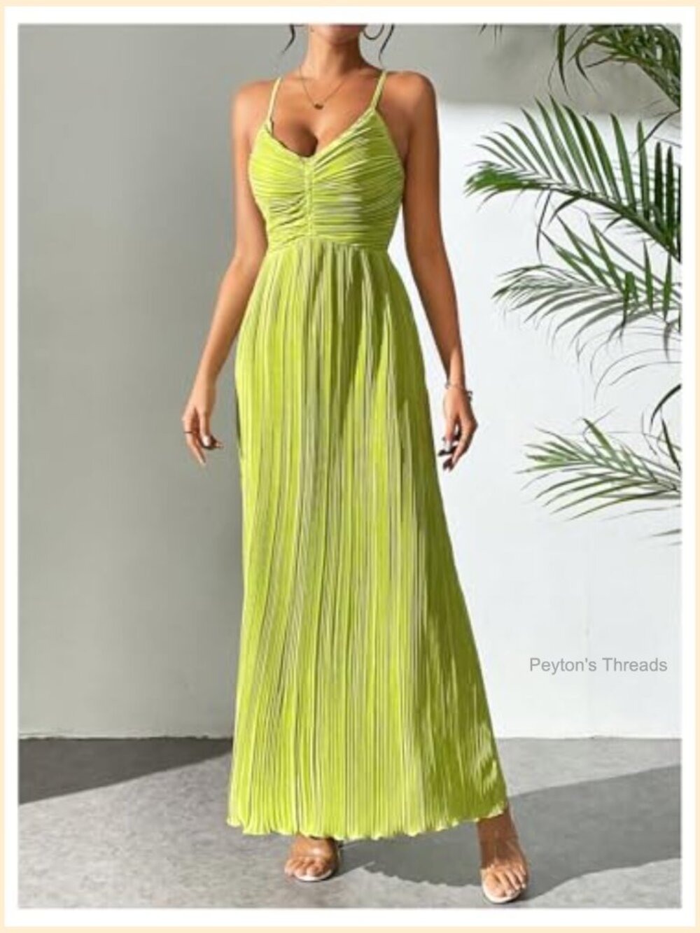 Textured V Neck Sundress Spaghetti Strap Tie Back Pleated A Line Long Maxi - Picture 2 of 5